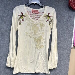 JWLA long sleeve embroidered V neck birds multi colored cotton shirt M